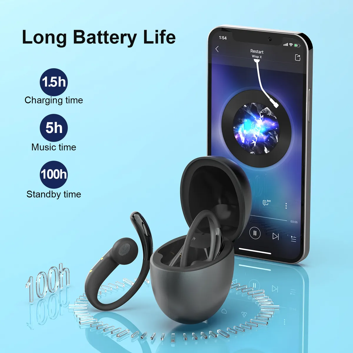 JS660 earbuds and LED charging case with a phone playing music - 1.5h charging, 5h music, 100h standby