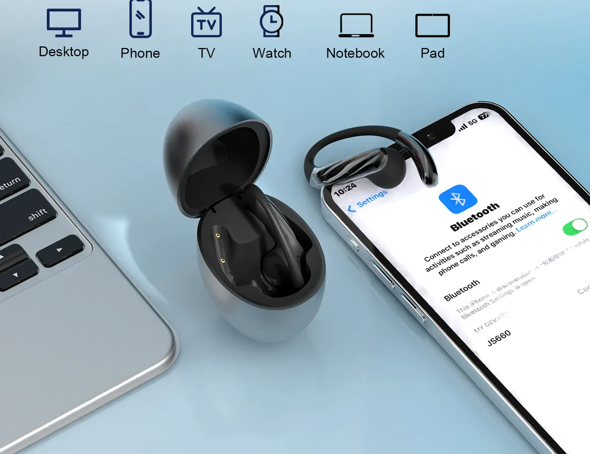 JS660 pairs with desktop, phone, TV, watch, notebook and pad - Bluetooth settings screen shows JS660 connected