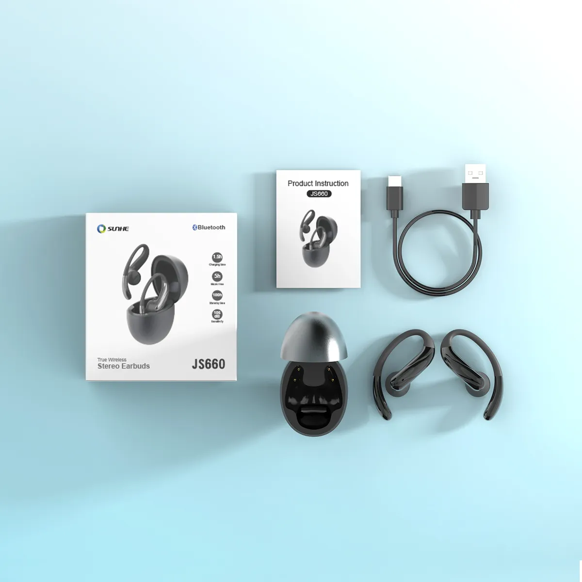 JS660 package contents: retail box, earbuds, LED charging case, Type-C cable and user manual