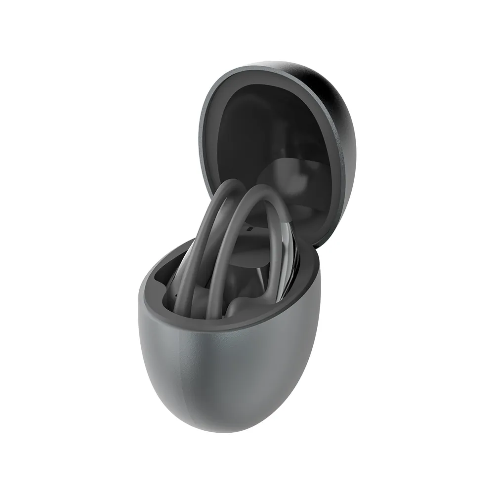 JS660 dark gray egg-shaped charging case with earbuds inside