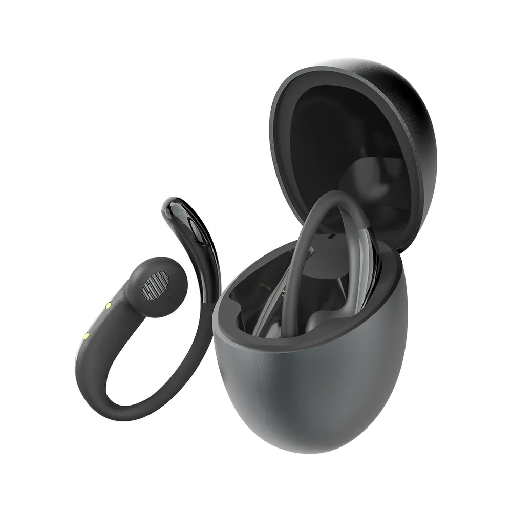 JS660 open-ear earbuds stored inside the open dark gray charging case