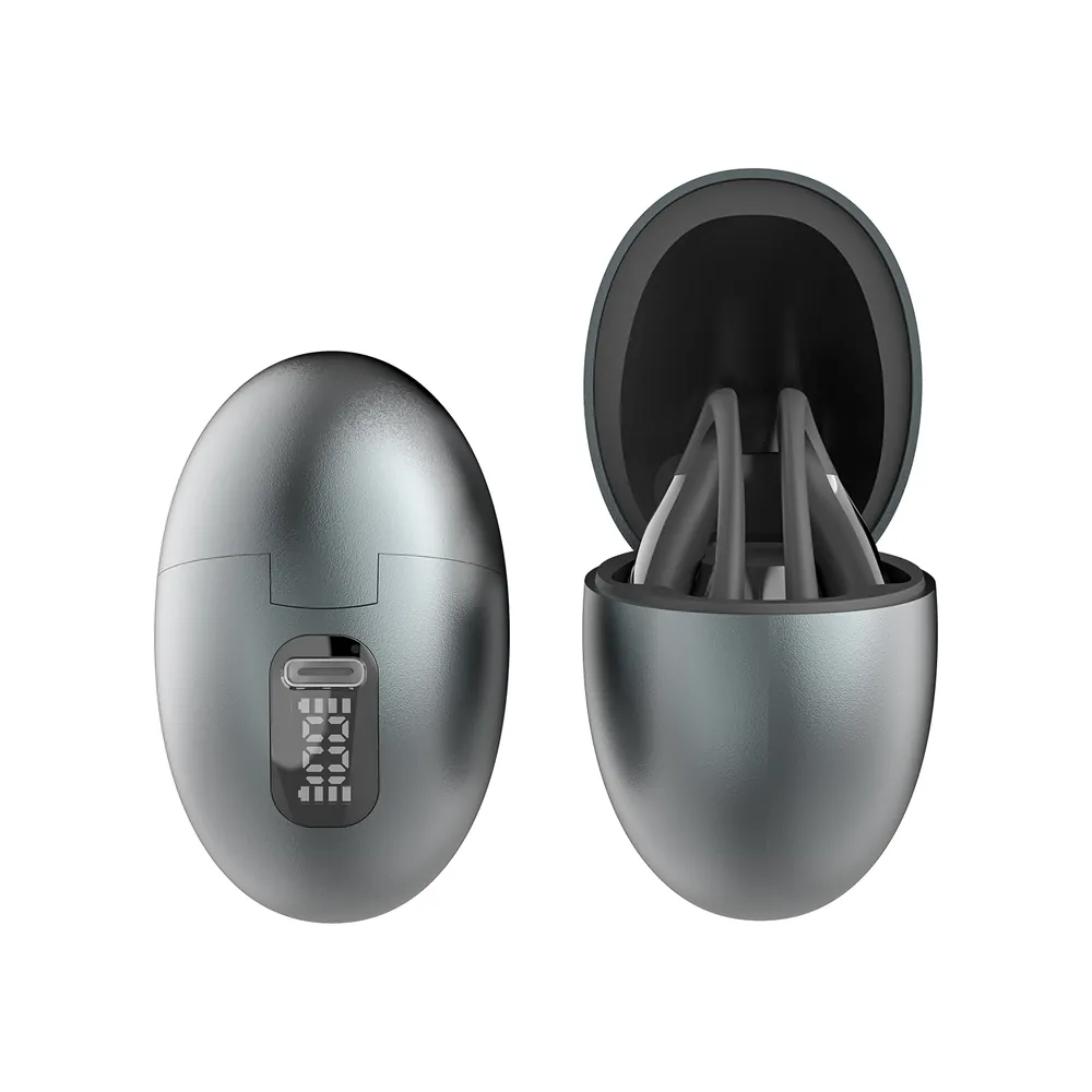JS660 silver charging case closed with LED display and open with earbuds
