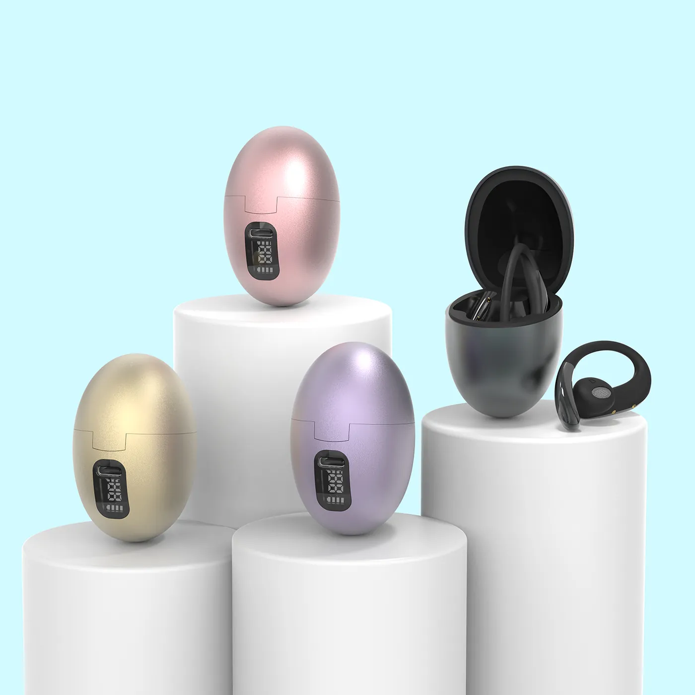 JS660 charging cases in purple, pink, gold and dark gray displayed on pedestals