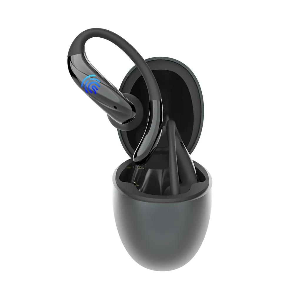 Close-up of a single JS660 earbud with blue touch indicator above the charging case