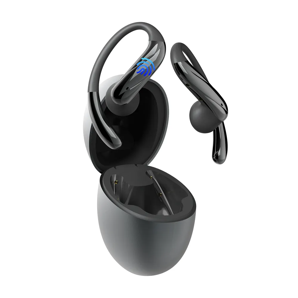 JS660 open-ear earbuds resting on the open LED charging case
