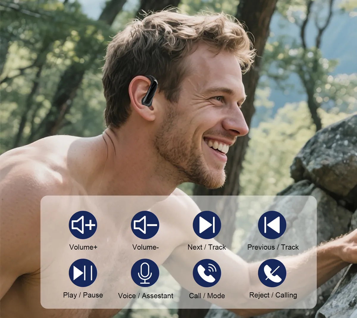 Man climbing rocks outdoors wearing JS660 open-ear earbuds
