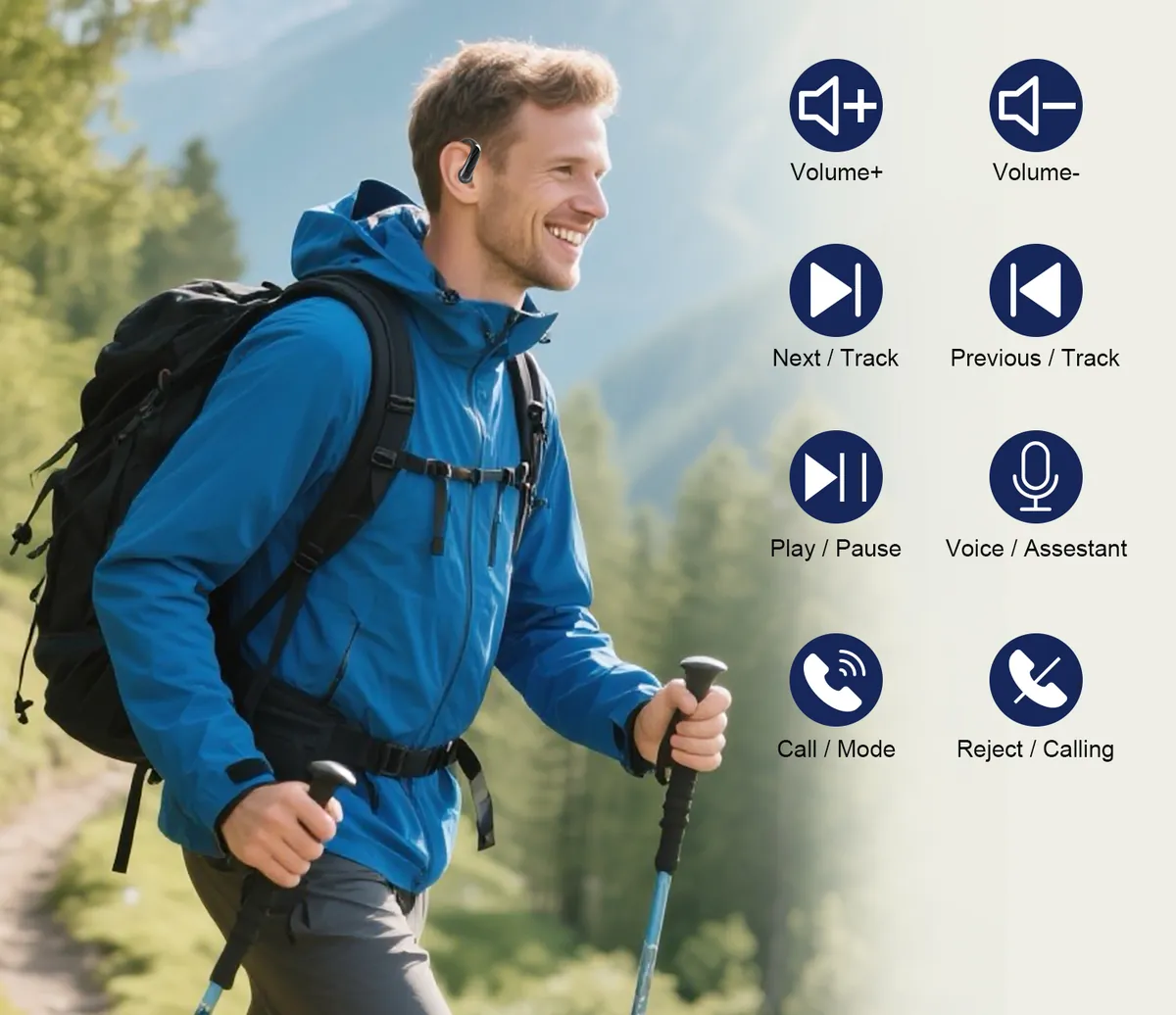 Hiker wearing JS660 open-ear earbuds on a mountain trail