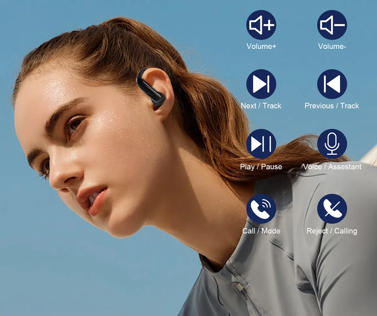 Woman wearing JS660 open-ear earbuds using smart touch controls - volume, tracks, calls and voice assistant